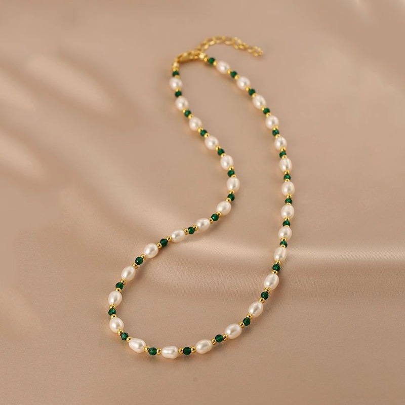 Pearl Choker Necklace Vintage - Minar Dainty Green Color Glass Beads