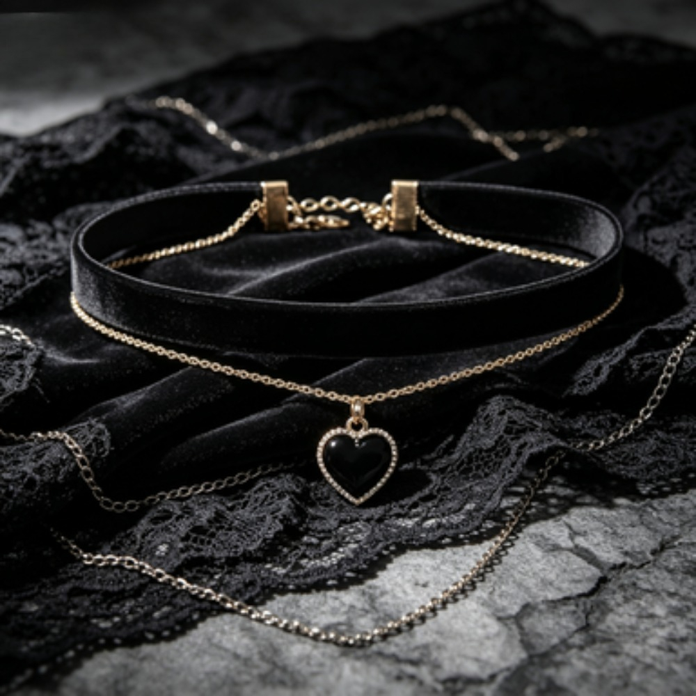 Multi Layer Black Peach Heart  - đánh giá và giá Layered Pendant Necklace Aesthetic