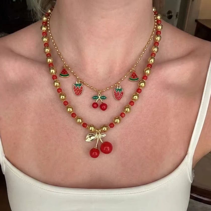Sweet Red Cherry Strawberry He - đánh giá và giá Layered Pendant Necklace Aesthetic